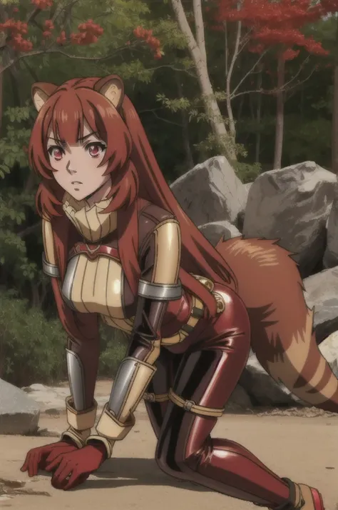 (masterpiece, best quality),  intricate details,
1girl,  raphtalia, animal ears, brown hair, long hair, raccoon ears, raccoon girl, raccoon tail, (red eyes:1.5), tail, 
 latex bikesuit,