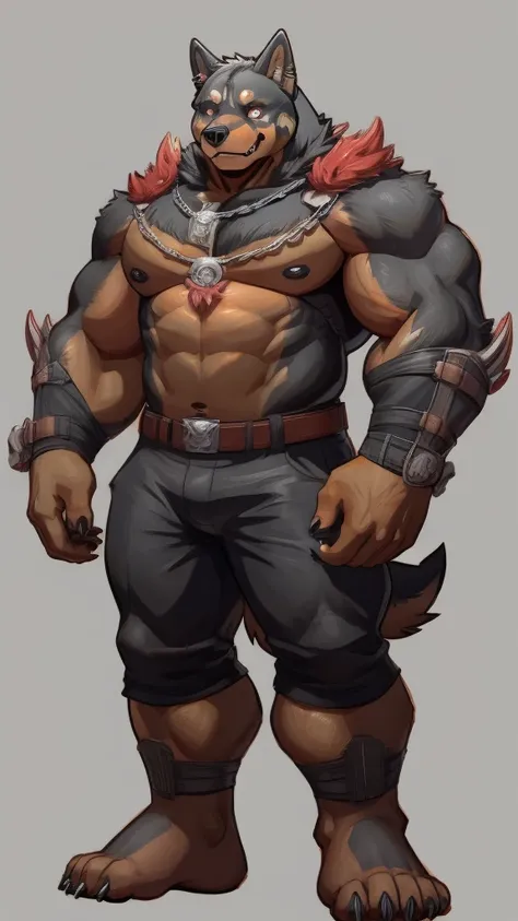 furry, (((rottweiler))), (((fusion with wolf))), wolf claws, beastman,  male, big body, muscular, full body, character concept a...