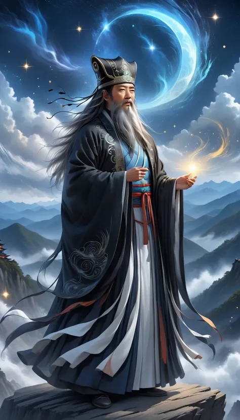 a wise old Chinese Taoist sorcerer in flowing black robe, long white beard and eyebrows, wearing a traditional scholars hat, standing on a mountain peak gazing at the starry night sky, surrounded by glowing mystical runes and symbols, ethereal atmosphere, ...