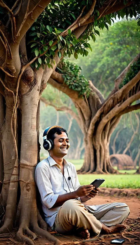 in an 1800 rural indian village, a man wearing bose headphones sits under a banyan tree, eyes closed, and a serene smile on his ...