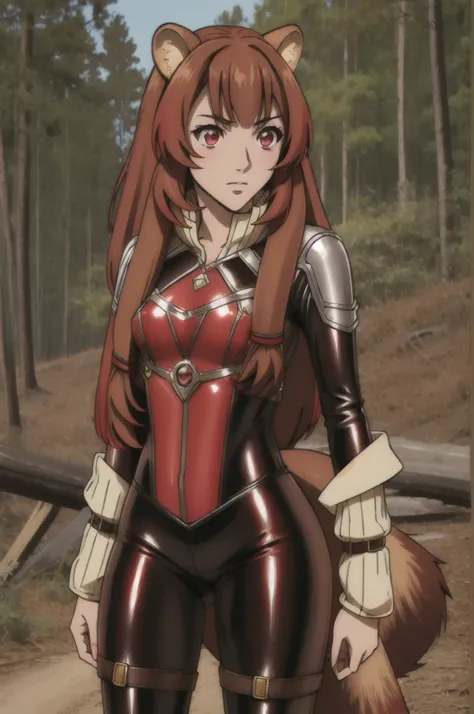 (masterpiece, best quality),  intricate details,
1girl,  raphtalia, animal ears, brown hair, long hair, raccoon ears, raccoon girl, raccoon tail, (red eyes:1.5), tail, 
 latex bikesuit,