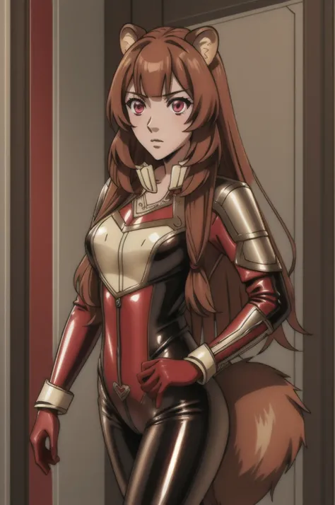 (masterpiece, best quality),  intricate details,
1girl,  raphtalia, animal ears, brown hair, long hair, raccoon ears, raccoon girl, raccoon tail, (red eyes:1.5), tail, 
 latex bikesuit,