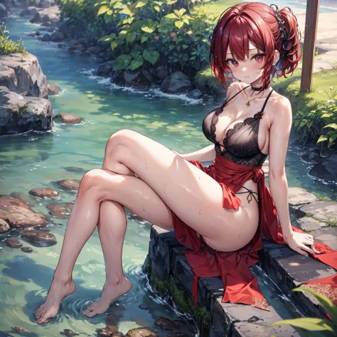 ((Highest quality)), ((masterpiece)), ((detailed)), (4K), 1girl, 独奏, pixie cut, darkred hair, sarong, 比基尼, large breasts, squatting, open legs, from above, face focus, (wet)