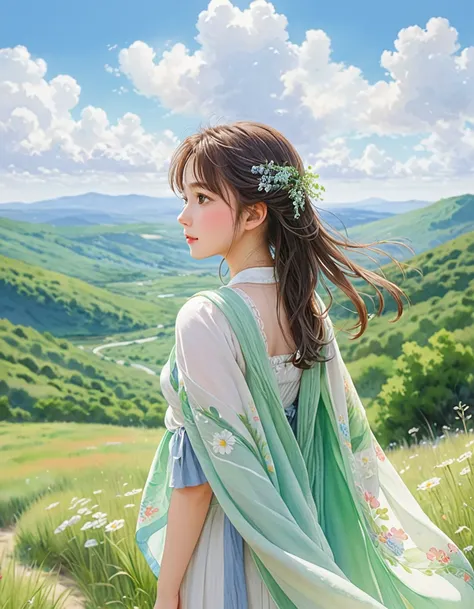 pastel color, watercolor, from behind, a ultra detailed cute moe anime, summer plateau and the frail young lady is serene and be...