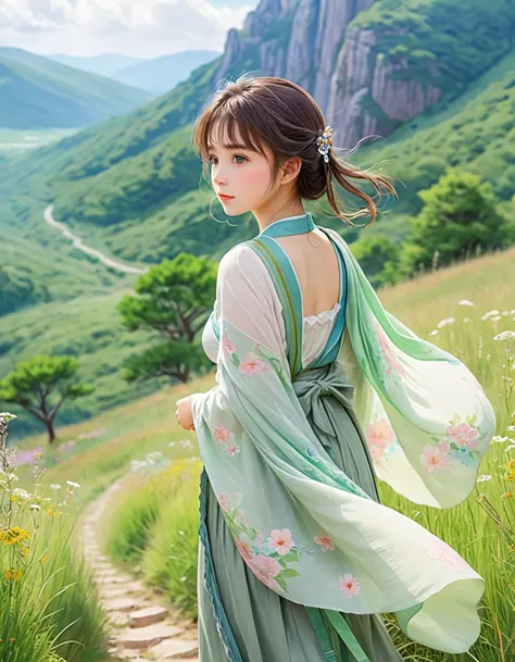 pastel color, watercolor, from behind, a ultra detailed cute moe anime, summer plateau and the frail young lady is serene and be...