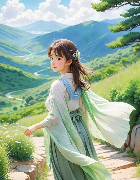 pastel color, watercolor, from behind, a ultra detailed cute moe anime, summer plateau and the frail young lady is serene and be...