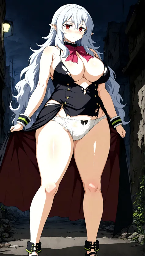 Anime. Owari no Seraph. 1 Girl. Expensive . A vampire. Clumsy ancestress. Ssbbw. Slave. Silver hair. Wavy hair. Long hair. Red eyes. Beautiful eyes. Perfect eyes. Expressive eyes. Ideal face. Thick body. Thick long legs. Beautiful nose. 18 years. Big breas...