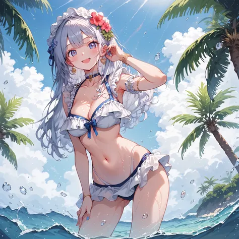 score_9, score_8_up, score_7_up, source_anime,masterpiece, best quality, high resolution, extremely detailed CG, absurdres, highres, 1girl, solo, cowboy shot,cute face, :D, summer beach background, bikini, frills,neondskdrmsxl,babycreamxl