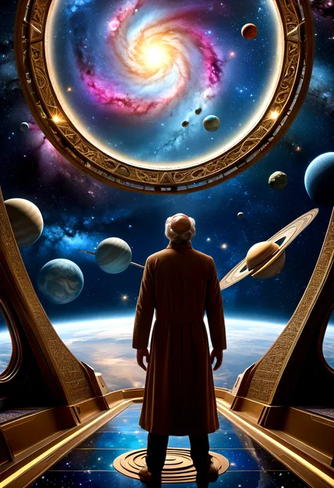 (Astrologer), An astrologer travels through the universe on a small starship, surrounded by nebulae, planets, and unknown extraterrestrial creatures. The background is a twinkling galaxy, full body, (Photography), panoramic view, award-winning, cinematic s...