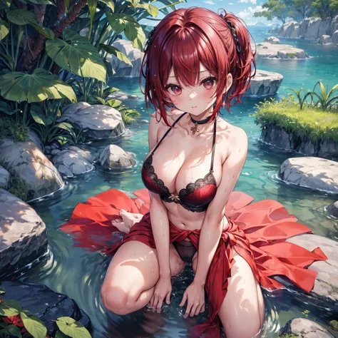 ((Highest quality)), ((masterpiece)), ((detailed)), (4K), 1girl, 独奏, pixie cut, darkred hair, sarong, 比基尼, large breasts, squatting, open legs, (from above), looking up, looking at viewer, face focus, (wet)