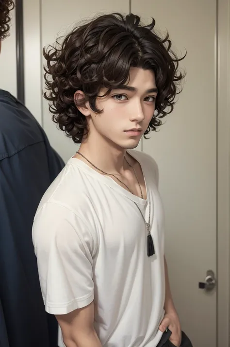 An anime-style boy with curly hair