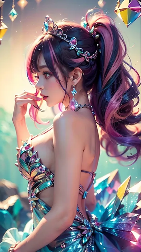 best quality，masterpiece，16k，1littlebaby Prettybaby baby bangs, bare shoulders, breasts, crown, crystal, dress, from side, gem,Colorful crystals,Crystal Headwear,There are many crystals on the clothes,Colorful gradient hair,Colorful Dress,Floating Colorful...