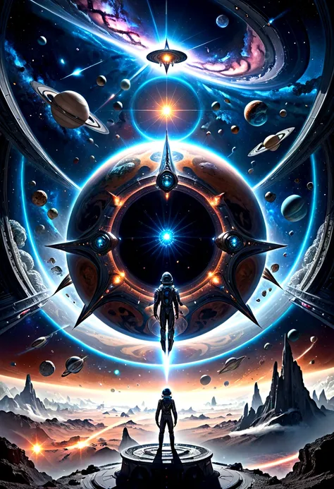 (Astrologer), An astrologer travels through the universe on a small starship, surrounded by nebulae, planets, and unknown extraterrestrial creatures. The background is a twinkling galaxy, full body, (Photography), panoramic view, award-winning, cinematic s...