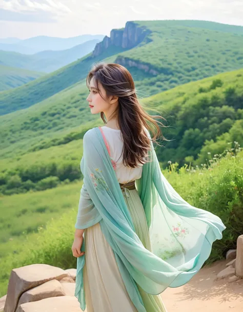 pastel color, watercolor, from behind, a ultra detailed cute photograph, summer plateau and the frail young lady is serene and b...