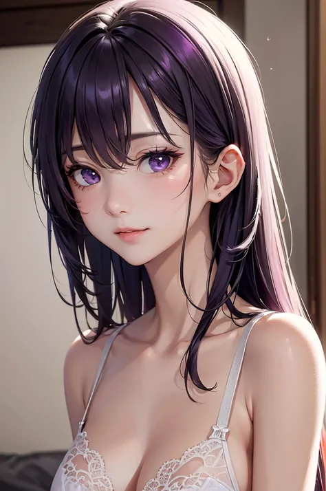 Best Quality,High resolution,8K,finelity detailed background,Masterpiece:1.2),beautiful girl,Shiny purple hair,messy hair,Purple Eyes,Gentle look,A refreshing look,Best quality,Best Quality,Aesthetic and aesthetic:1.2,Best details((Super detailed))(High-de...