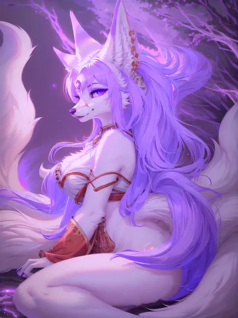 female kitsune, fox masterpiece, Of the highest quality, beautiful, majestic, purple lighting, bright