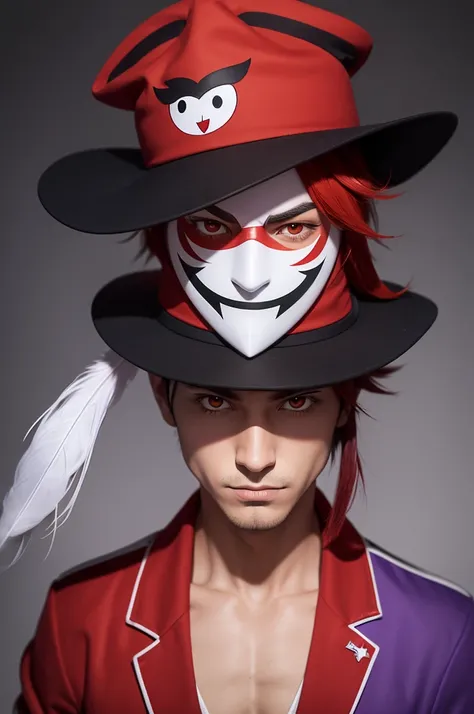 A male Cartoon character with a hat with a feather on the left side and the hat all red with a white mask with two eyes painted upwards and some purple stripes under the eyes