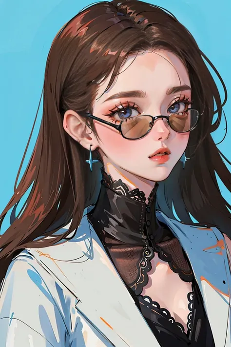 (portraits:1.4), (Masterpiece:1.2, Best Quality:1.2), From above, Upper part of the body, 1 girl, Look for, facial focus, extremely detailed face, Extremely detailed eyes, good looking, make up, finger on lips, Sunglasses, modern clothing, earrings,