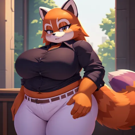 Mobian, red panda, female,huge , white pants, purple unbuttoned shirt, black undershirt, black undershirt, giant  , huge ass, thicc, fat, high detail, masterpiece, UHD, anatomically correct, super detail, highres, 4K