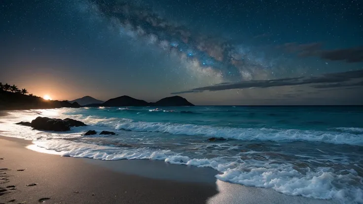 Create another wide 16:9 image of a starry night by the seaside with a bright moon in the sky. The scene should feature a beautiful shoreline with gentle waves, illuminated by the soft glow of countless stars and a radiant moon. The moon and stars should r...