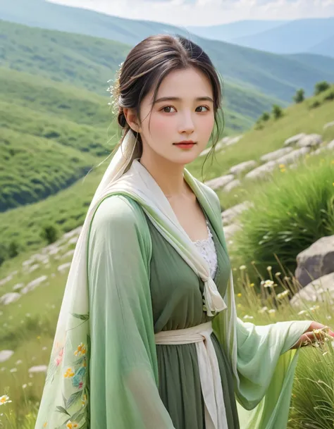 pastel color, watercolor, a ultra detailed cute photograph, summer plateau and the frail young lady is serene and beautiful. the...