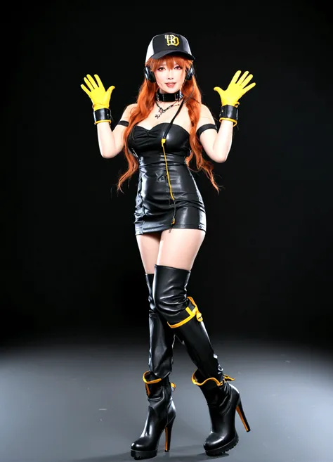 1girl, solo, long hair, breasts, looking at viewer, smile, open mouth, bangs, simple background, red eyes, gloves, hat, dress, cleavage, bare shoulders, medium breasts, standing, full body, :d, boots, choker, elbow gloves, black footwear, orange hair, high...