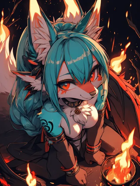 Miku Hatsune, add high definition_detail:1, blue fur,kitsune ears, tribal tattoo add_detail:1, in hell add_detail, batwigs agregar_detail Fer yokai kitsune add_detail:1, as if looking from above down