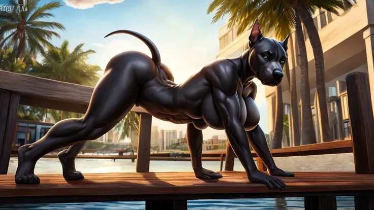 Cartoon girl-black pit bull, beautiful, detailed, realistic,with green pupils,tall, (detailed face), (more details, detailed background: 1.1) naked, pussy, white stockings,full-length, push-ups on the pier, slender, neat pit bull muzzle,high quality,pumped...