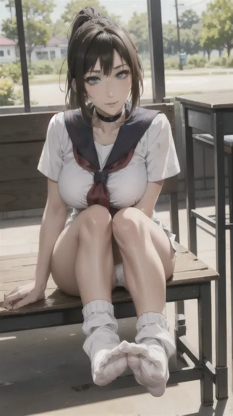 ((Correct Anatomy)),(Female student),((school uniform)),((Sailor suit)),((White lace panties)),(Mini Pleated Skirt),(((loose socks))),Ultra-high resolution,Mature Woman, Mature Woman, Very detailed,Sunburned skin,Brown Skin,((Beautiful feet)),(Big Breasts)...