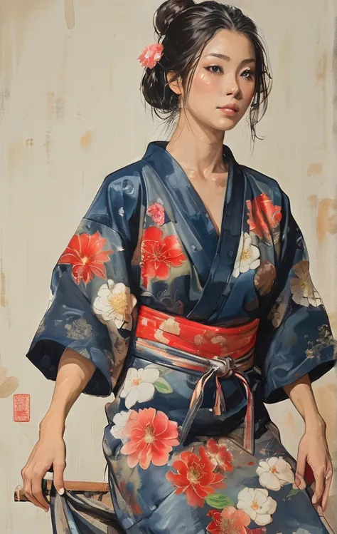 There is a woman squatting on the tatami,(((A MILF: 1.4))), (Beautiful curves:1.35),(((Dark skin))),Curvy physique,, Thick body，((bigger )),((Completely slim down )), (((Pinching the crotch while wearing a yukata))),((take off your bathrobe)),((pubes)), Sa...