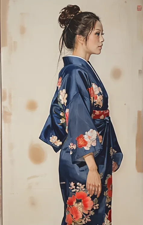 There is a woman squatting on the tatami,(((A MILF: 1.4))), (Beautiful curves:1.35),(((Dark skin))),Curvy physique,, Thick body，((bigger )),((Completely slim down )), (((Pinching the crotch while wearing a yukata))),((take off your bathrobe)),((pubes)), Sa...