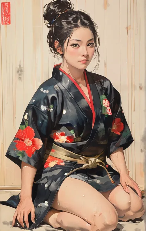 There is a woman squatting on the tatami,(((A MILF: 1.4))), (Beautiful curves:1.35),(((Dark skin))),Curvy physique,, Thick body，((bigger )),((Completely slim down )), (((Pinching the crotch while wearing a yukata))),((take off your bathrobe)),((pubes)), Sa...