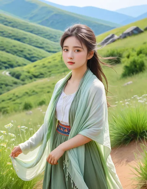 pastel color, watercolor, a ultra detailed cute photograph, Summer plateau and the frail young girl is serene and beautiful. The summer plateau is lush with greenery, with a pleasant breeze blowing through. In the midst of this, there is a frail young lady...