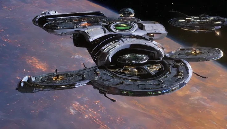 (((The space station is massively bigger than Babylon 5, but in the shape of Deep Space 9))). (((The space station has 6 ONeal Class space stations off in 5 directions, & 1 down the middle))).There are hundreds of starships going to & fro, from the station...