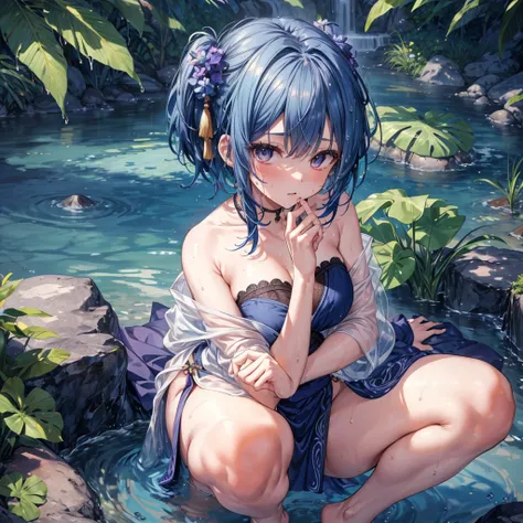 ((Highest quality)), ((masterpiece)), ((detailed)), (4K), 1girl, 独奏, pixie cut, indigo blue hair, sarong, 比基尼, large breasts, squatting, open legs, (from above), looking up, looking at viewer, face focus, (wet)