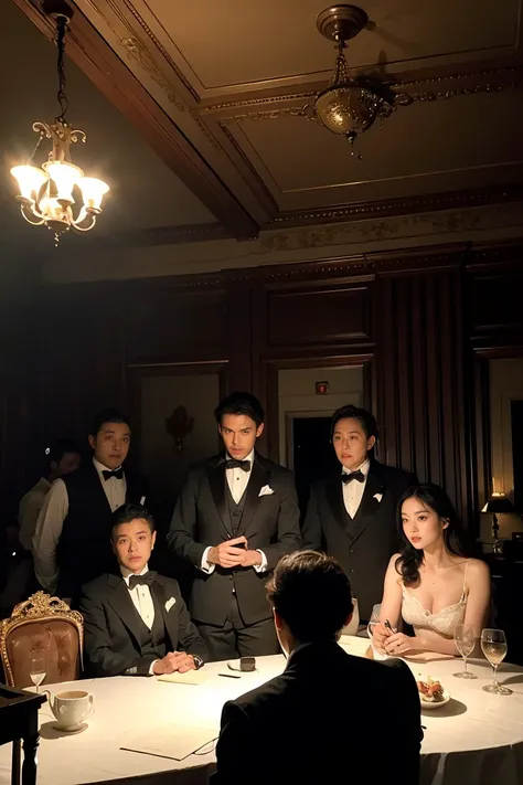 A group of gentlemen in silloette watching a half-asian, asian-european, woman with black wavy hair undressing. The anonymous gentlemen are smoking, layers of smoke are visible in the dimly lit victorian parlour. The victorian parlour is lavishly decorated...