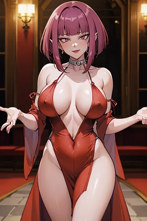 nsfw, (Loose long Dress:1.5), (Red deep plunge neck dress:1.8), Sideless, necklace, Cleavage, Purple Bob Cut, High leg dress, View your viewers, Grin, Blunt bangs, eye shadow, Low Ponytail, lipstick, compensate, Detailed beautiful face, Detailed beautiful ...