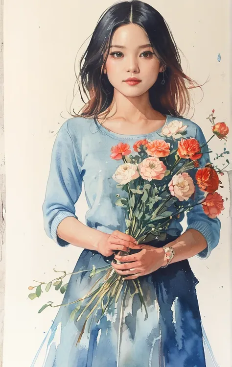 8k,​masterpiece,top-quality, (from below:1.6) ,dynamic pose,30 years old 1 girl, holding a large bouquet,portrait, floral, water...