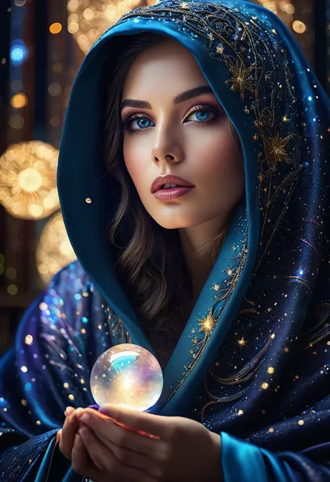 astrologer,beautiful detailed eyes,beautiful detailed lips,extremely detailed face,extremely detailed eyes,longeyelashes,intricate robe,hooded figure,starry night sky,glowing crystal ball,swirling cosmic energy,dramatic lighting,cinematic composition,(best...