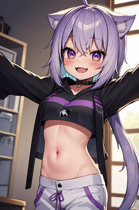 masterpiece, best quality, absurdres, perfect anatomy, 1girl, solo, okayudefault, black hoodie, (onigiri print), [navel], white pants, cat tail, ahoge, smile, fangs, spread arms, indoors, 