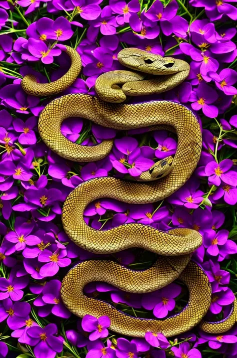 Snake surrounded by purple and gold flowers 