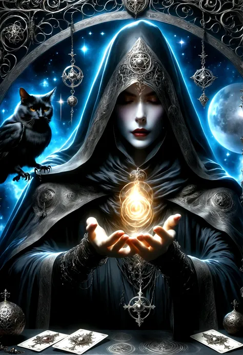 astrologer，metal photo frame，card，tarot cards：1.37.mysterious fortune teller in cloak，finger taps an array of tarot cards in the...