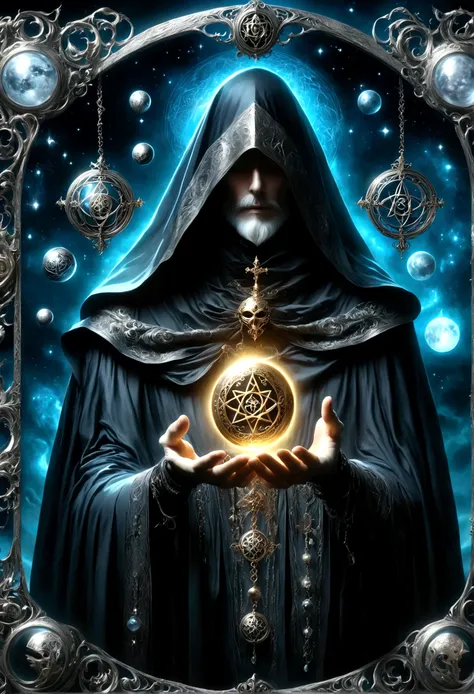 astrologer，metal photo frame，card，tarot cards：1.37.mysterious fortune teller in cloak，finger taps an array of tarot cards in the...