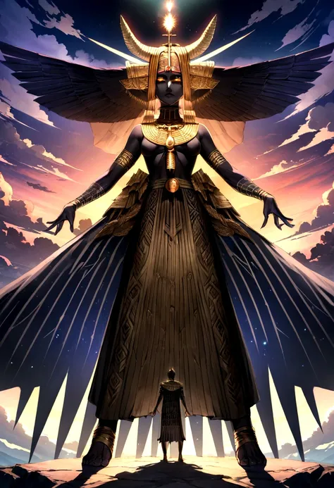 (((ANU))) best quality, ultra-high resolution, 4K detailed CG, masterpiece, Sumerian God,horn,clouds, Sumerian clothing, Sumerian mythology, ((God of the Sky)), Sumerian image, aesthetic , centered on screen, standing pose, full body