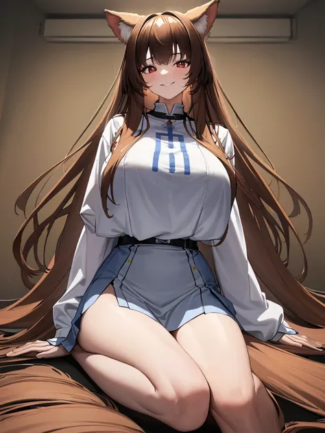 masterpiece, highest quality:1.2), holo, alone,Are standing_Split, (Sitting pose), Long Hair, Brown Hair, Dog ears, smile, (Big huge getting bigger and bigger massive larger bigger biggest mega bang giga soft Breasts:1.2), White Lingerie blue denim mini sk...