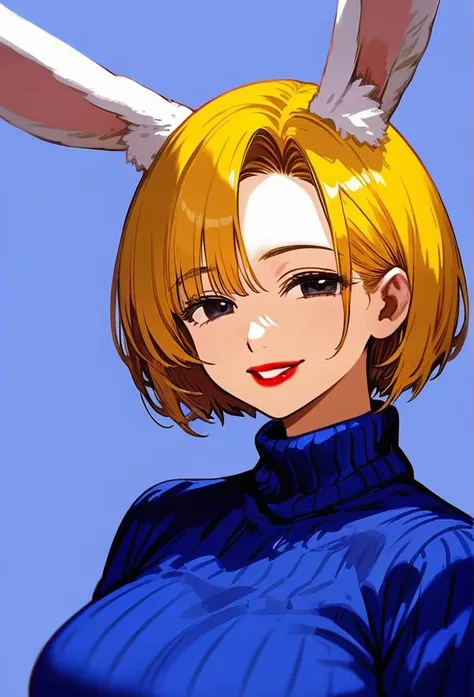 masterpiece, best quality, upper body, score_9, short hair,yellow hair,smiling,older woman,blue sweater,white fluffy bunny ear,lipstick,blue background,half body,black eyes