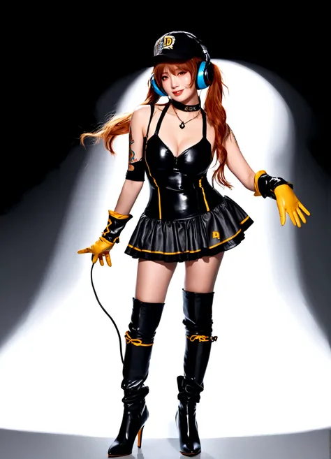 1girl, solo, long hair, breasts, looking at viewer, smile, open mouth, bangs, simple background, red eyes, gloves, hat, dress, cleavage, bare shoulders, medium breasts, standing, full body, :d, boots, choker, elbow gloves, black footwear, orange hair, high...