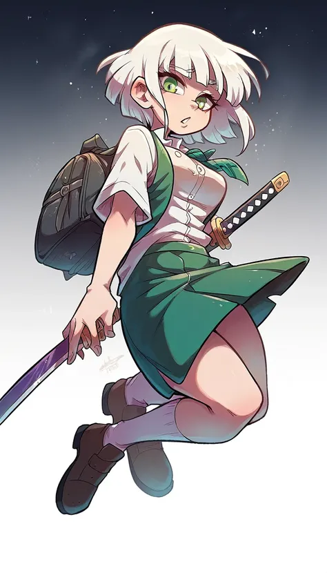 a teenage girl with long white albino hair, her glitter green eye, wearing a white button-down blouse, underneath a short green button-down vest, a dark green maxi skirt with a black heel, carrying a transparent katana. 