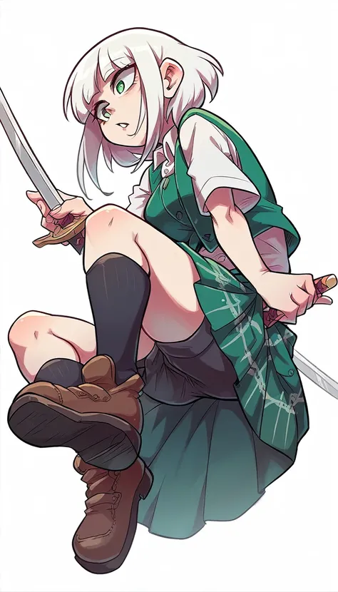 a teenage girl with long white albino hair, her glitter green eye, wearing a white button-down blouse, underneath a short green button-down vest, a dark green maxi skirt with a black heel, carrying a transparent katana. 