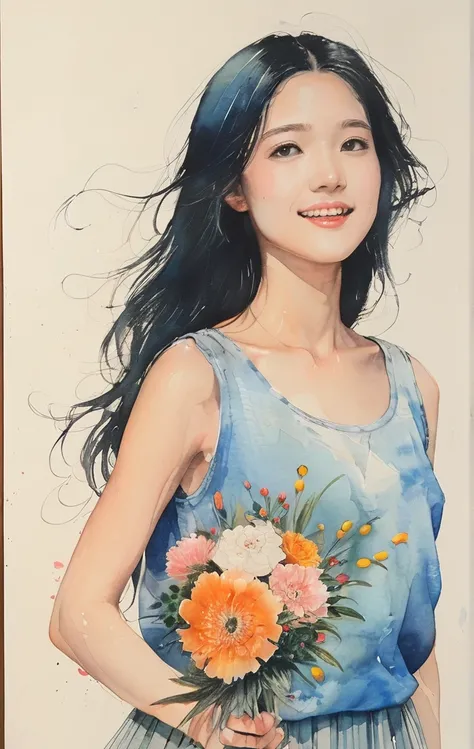 8K,​masterpiece,top-quality, (From below:1.6) ,Dynamic Pose,30 years old 1 girl, Holding a large bouquet,Portrait, Floral, watercolor sketch, light, Long hair, ssmile, watercolor paiting (Medium),watercolor paiting,Plain tank top,Plain light blue sweater,l...